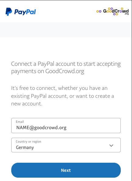 PayPal Login-Fenster mit Eingabefeldern für Mailadresse und Land.