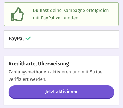 Bestätigung der Verknüpfung auf der GoodCrowd-Seite. Hinter PayPal wird nun ein grüner Haken angezeigt.