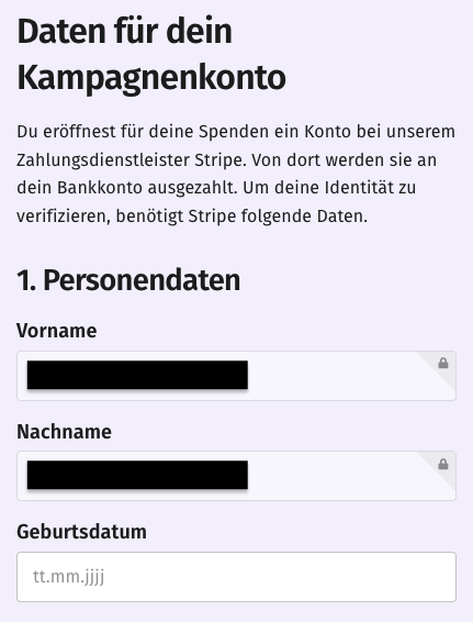 Eingabefelder für Personendaten: Vorname, Nachname, Geburtsdatum.
