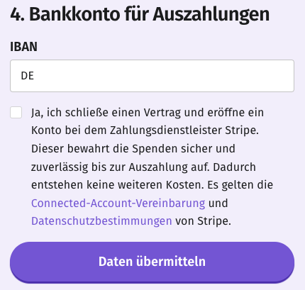 Eingabefeld für IBAN und Checkbox zum Vertragsschluss auf Basis der Connected-Account-Vereinbarung sowie den Datenschutzbestimmungen von Stripe. Button 'Daten übermitteln' unterhalb.