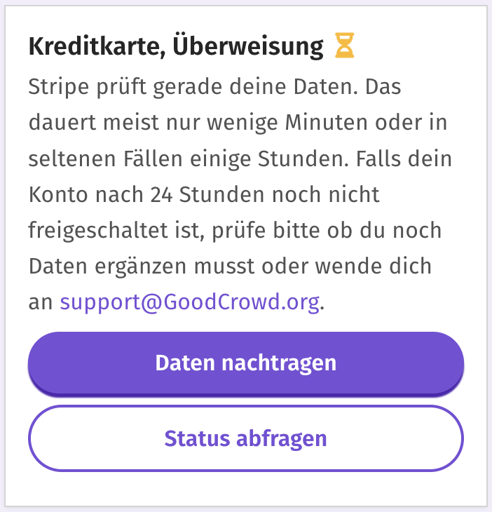 Informationsfeld zum Verknüpfungsstatus mit zwei Buttons 'Daten nachtragen' und 'Status abfragen'.