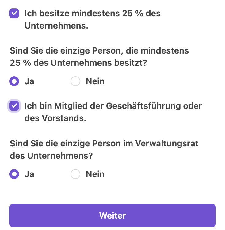 Auswahlfelder 'Ich besitze mindestens 25 % des Unternehmens', 'Sind sie die einzige Person, die mindestens 25 % des Unternehmens besitzt', 'Ich bin Mitglied der Geschäftsführung oder des Vorstands', 'Sind Sie die einzige Person im Verwaltungsrat des Unternehmens?'. Button 'Weiter' unterhalb.