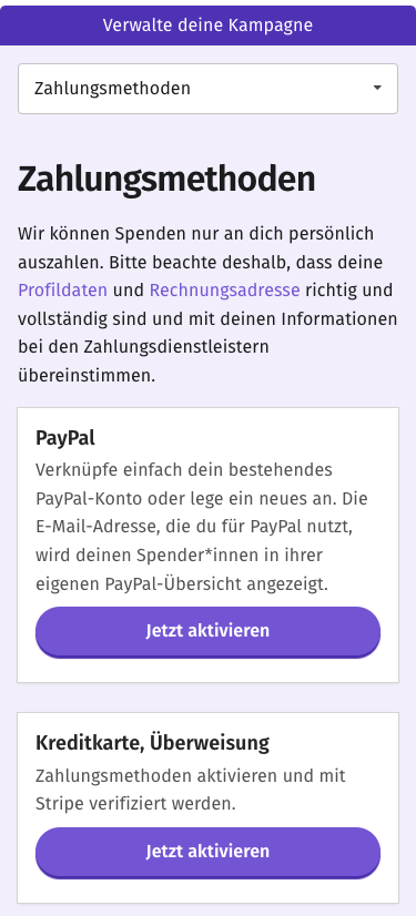 Übersicht der aktivierbaren Zahlungsmethoden. Die Optionen zur Aktivierung von PayPal und Stripe werden angezeigt.