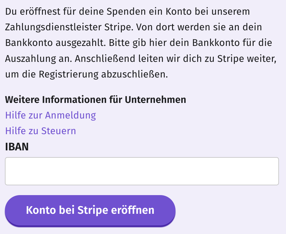 Eingabefeld für IBAN, Button 'Konto bei Stripe eröffnen' unterhalb.