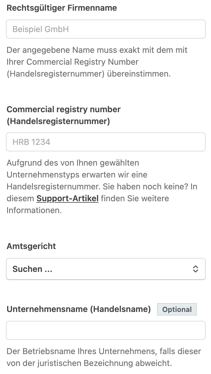 Eingabefelder für den rechtsgültigen Firmennamen, Handelsregisternummer, Amtsgericht, Unternehmensname (optional), Geschäftsadresse, Unternehmenswebsite.